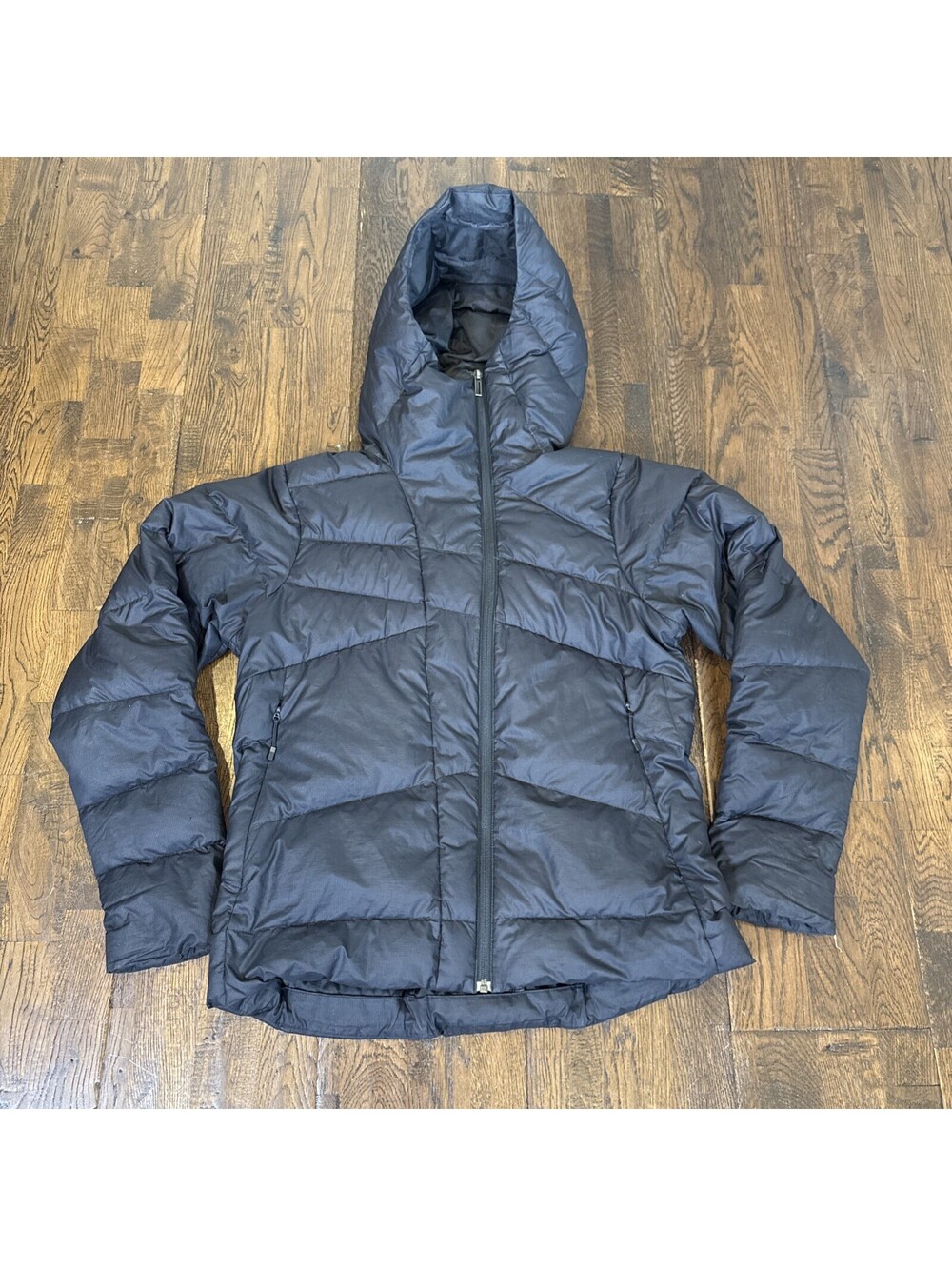 NAU Goose Down Hooded Puffer Jacket Women’s Large Black Caviar Lightweight Warm